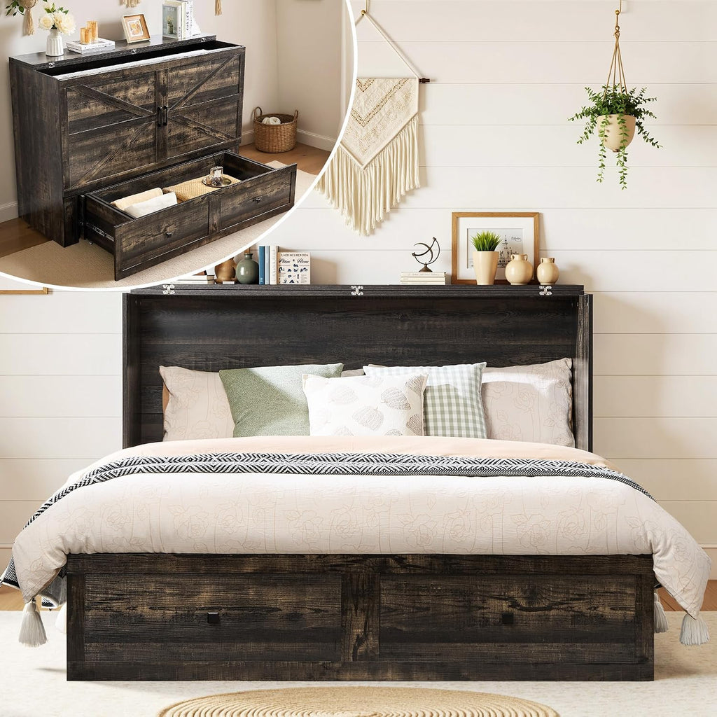LUXOAK Full Murphy Bed with Storage and Charging Station, Farmhouse Cabinet Bed, Noise-Free, for Guest Room, Apartment, or Office, Black Oak