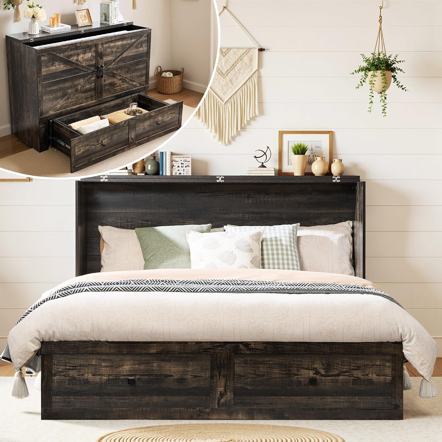 LUXOAK Queen Murphy Bed with Storage and Charging Station, Farmhouse Cabinet Bed, Noise-Free, for Guest Room, Apartment, or Office, Black Oak