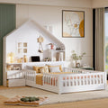 VilroCaz Full Size Kids Floor Bed with Safety Fence, Solid Wood Montessori Platform Bed with House Shape Headboard with Bedside Drawers, Shelves, Sockets and USB Port for Kids Boys Girls (White-LF)