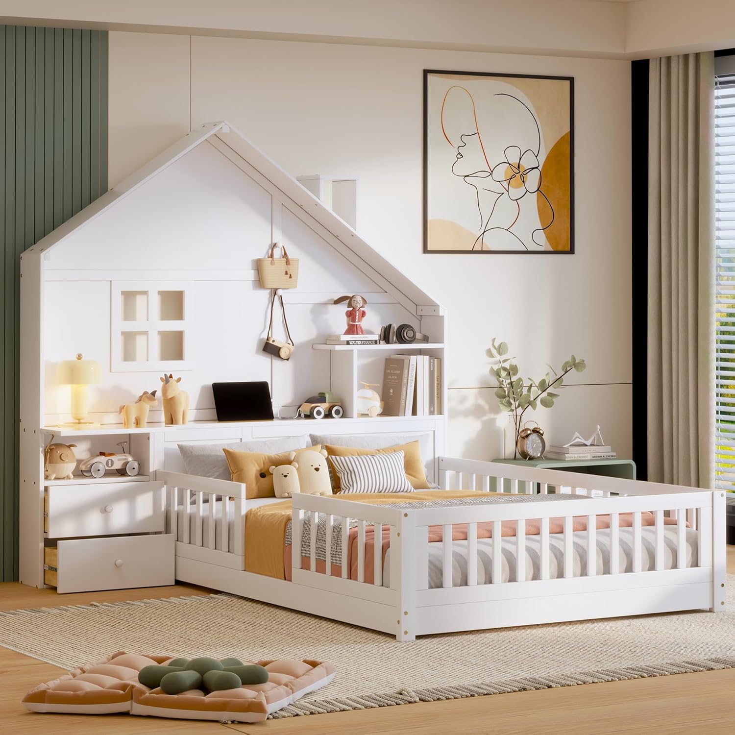 VilroCaz Full Size Kids Floor Bed with Safety Fence, Solid Wood Montessori Platform Bed with House Shape Headboard with Bedside Drawers, Shelves, Sockets and USB Port for Kids Boys Girls (White-LF)