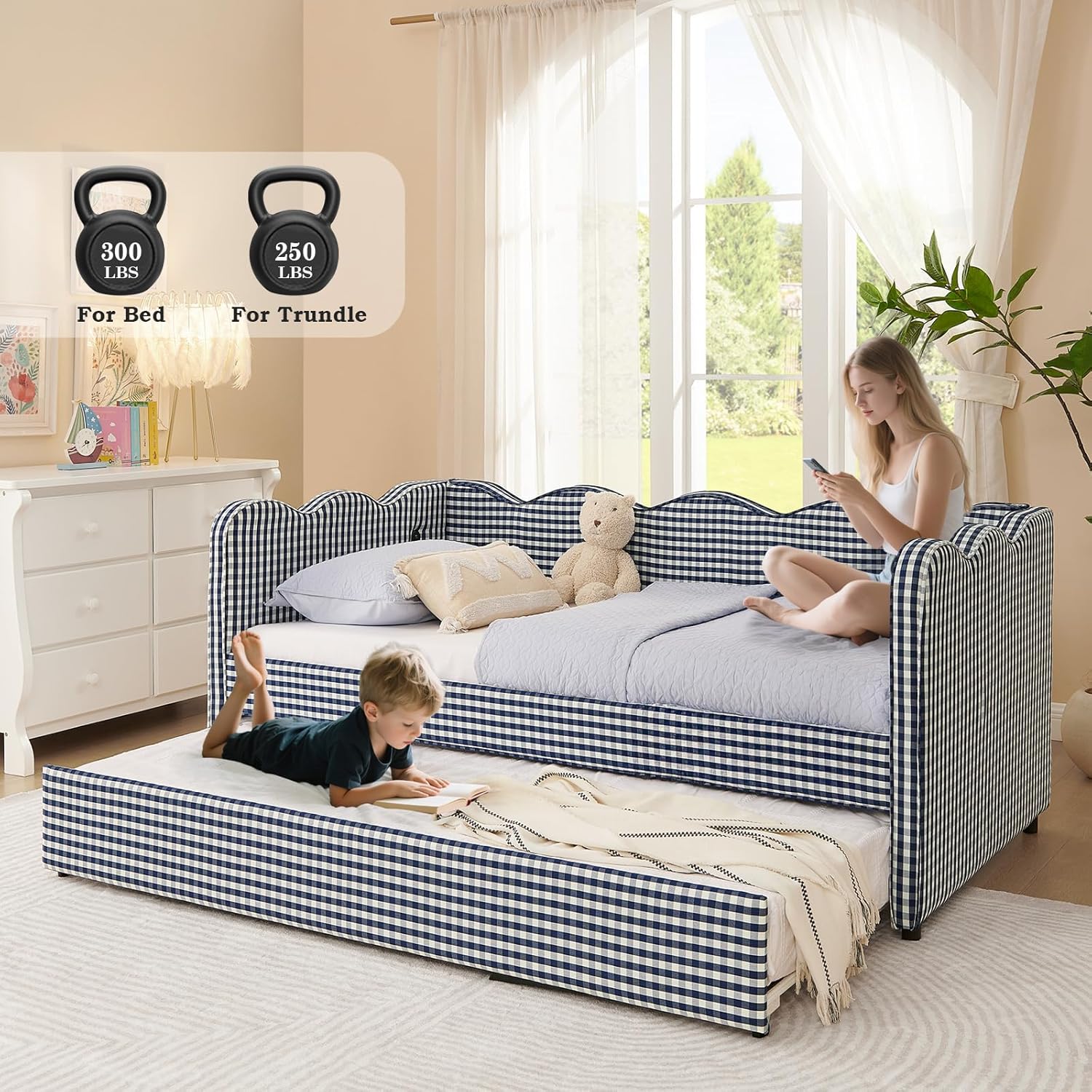 Deolme Twin to King Daybed with Trundle, USB Ports Soft Upholstered Daybed with Pop Up Trundle Bed Twin, Modern Extendable Day Bed Frame for Kids Bedroom Living Room Guest Room Small Places Navy Blue