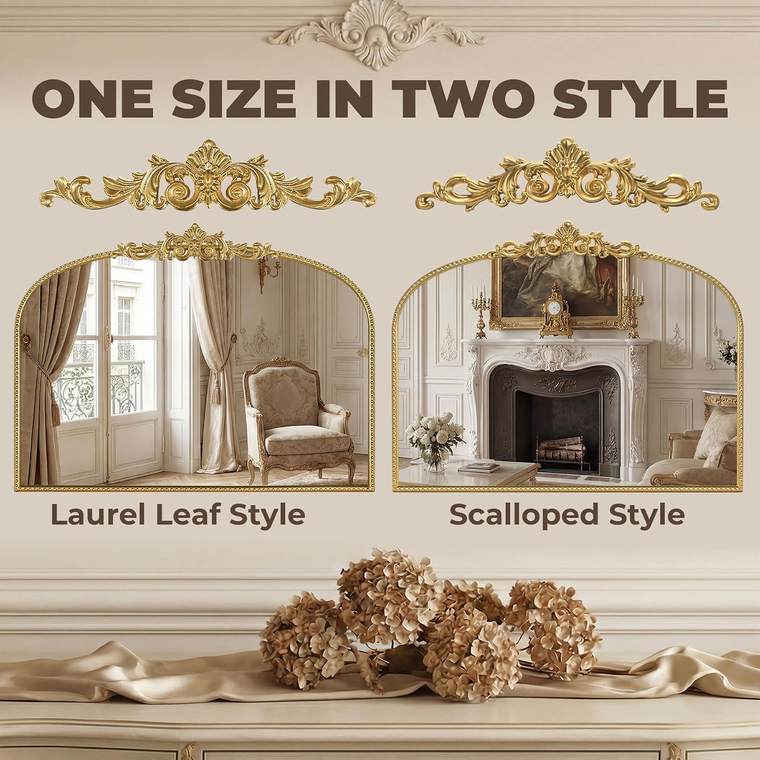 Gold Vintage Mirror 32x24 Inch, Laurel Leaf Ornate Beaded Frame Decorative Vanity Mirror, Antique Style Horizontal Bathroom Mirror for Living Room, Entryway，Dresser, Mantle
