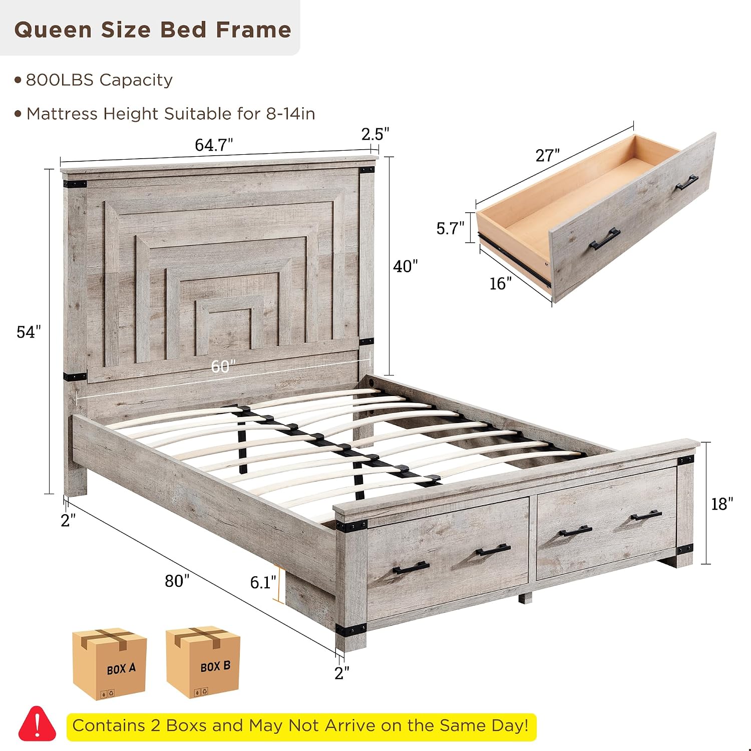 RedLemon Farmhouse Queen Size Wood Bed Frame with 54' Tall Geometric Headboard, 2 Large Storage Drawers, Solid Wood Slats Support, Noise Free, No Box Spring Needed, Light Rustic Oak