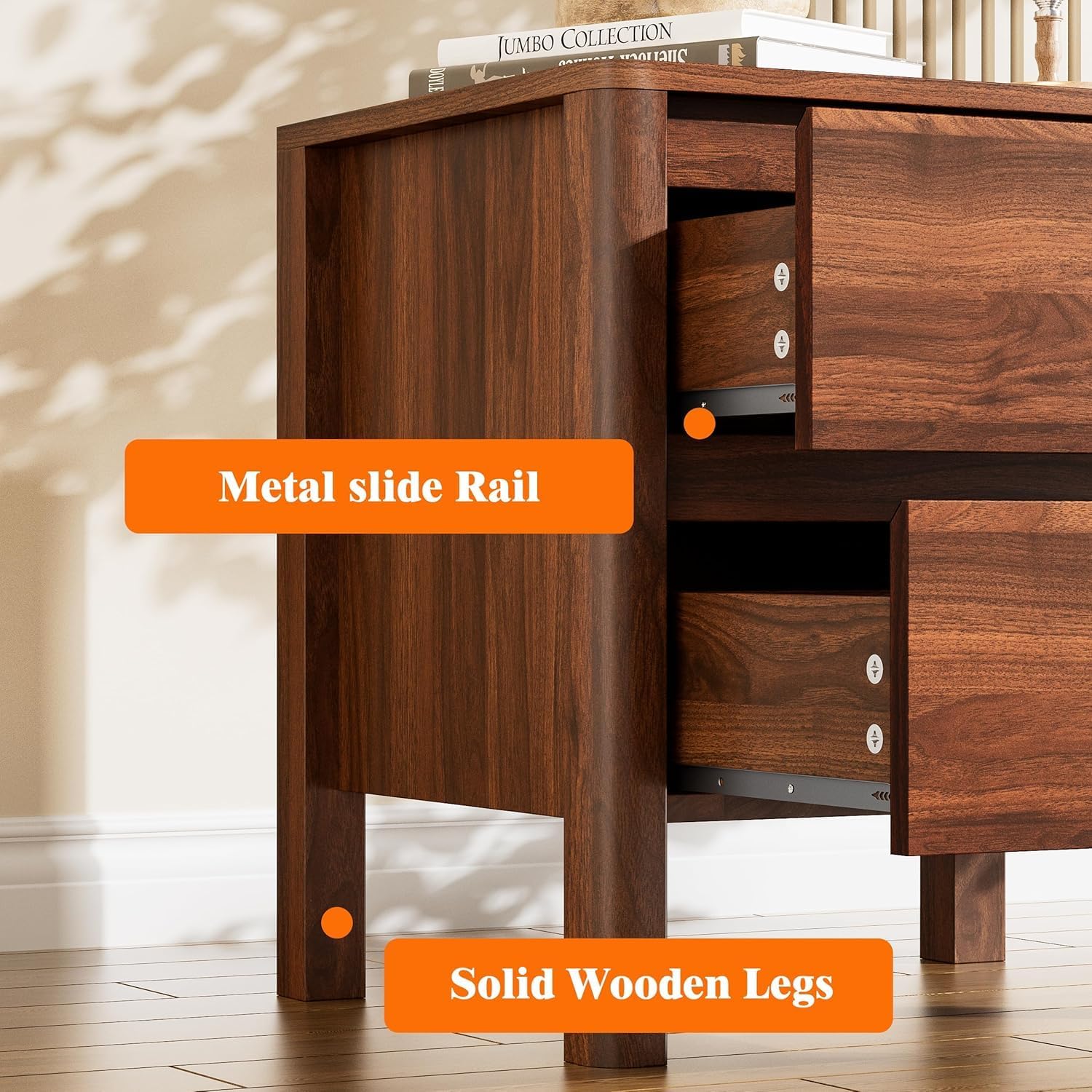 Furniway Walnut Mid-Century Modern 3 Piece Bedroom Furniture Set, 6 Drawer Dresser with Handleless Wood Grain Design and Nightstands Set of 2, Minimalist Storage Dresser for Bedroom