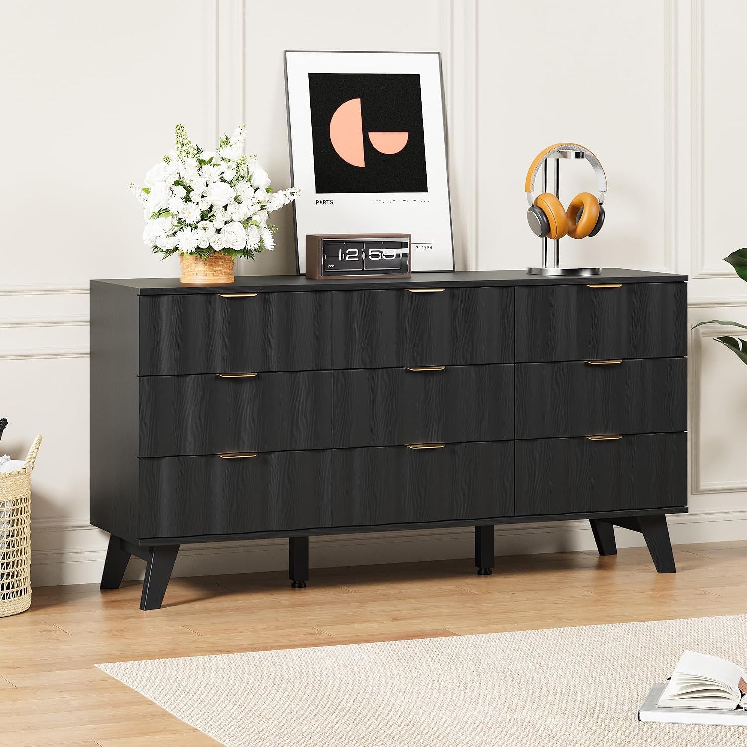 9 Drawer Dresser, Modern Fluted Storage Dresser with Deep Drawers and Metal Handles, Wood Chest of Drawers Storage Organizer for Bedroom, Living Room, Hallway (Black)
