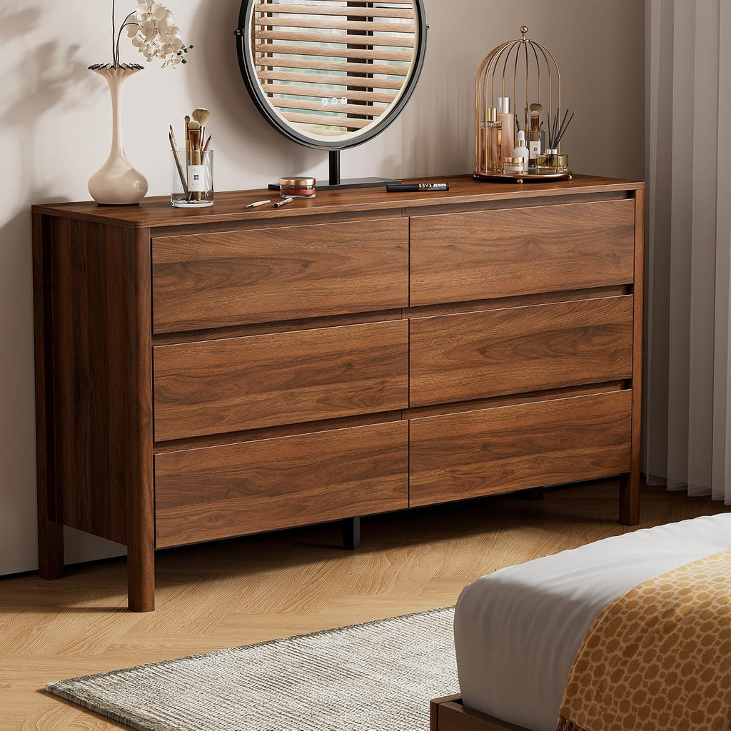 Furniway Walnut Mid-Century Modern 3 Piece Bedroom Furniture Set, 6 Drawer Dresser with Handleless Wood Grain Design and Nightstands Set of 2, Minimalist Storage Dresser for Bedroom