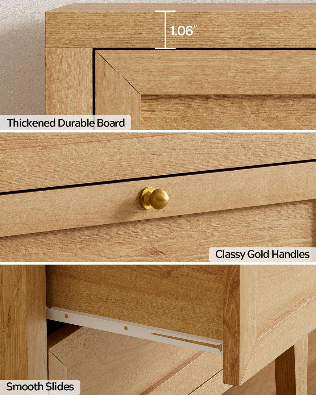EYYTHUNG 3 Drawer Nightstand with Charging Station, Farmhouse Large Bedside End Table with Storage Drawers, Modern Wood Night Stand for Sofa, Bedroom, Natural Oak
