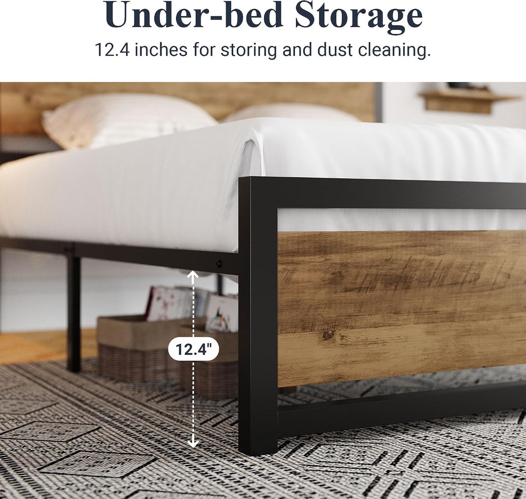 Allewie Queen Bed Frame with Headboard, Heavy Duty Metal Platform Base with Strong Support, Underneath Storage Space, Stable Mattress Foundation, No Box Spring Needed, Brown