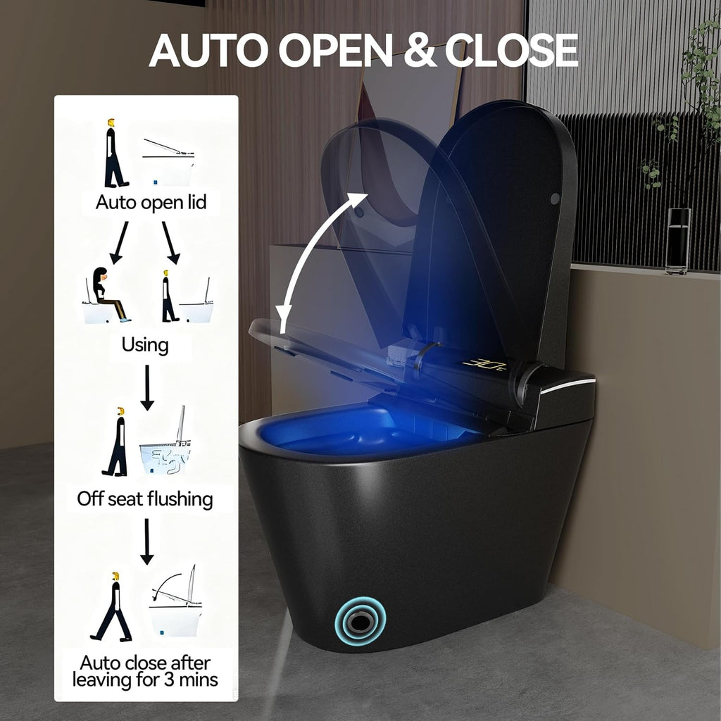 Smart Toilet,One Piece Toilet,Ceramic Toilet with Bidet Built in & Dryer, Auto Open/Close, Instant Warm Water,Heated Seat,Sensing Distance, Black