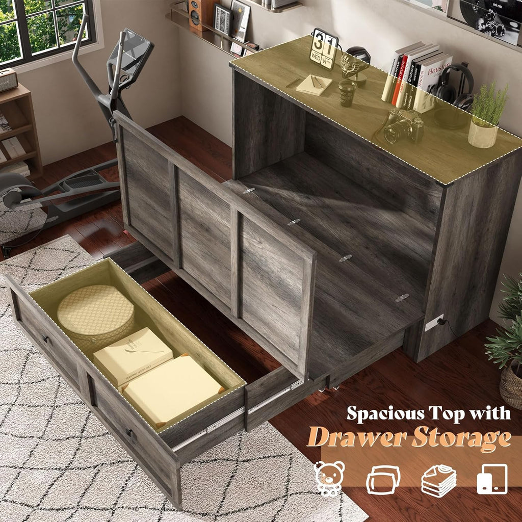AMERLIFE Full Murphy Bed with Storage & Charging Station, Farmhouse Murphy Cabinet with Foldable Panel, Noisy Free, for Guest Bedroom, Living Room, Office, Rustic Grey