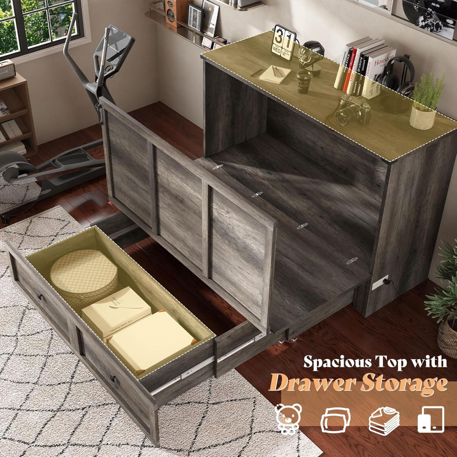 AMERLIFE Full Murphy Bed with Storage & Charging Station, Farmhouse Murphy Cabinet with Foldable Panel, Noisy Free, for Guest Bedroom, Living Room, Office, Rustic Grey