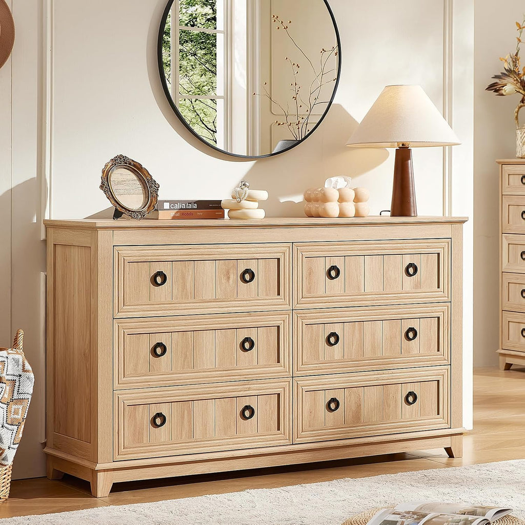 Joaxswe 6 Drawers Dresser for Bedroom, Farmhouse 54 Inch Wide Wood Dresser Chest of Drawers, Vintage Design TV Stand, Rustic Storage Dressers Organizer for Bedroom, Living Room, Hallway - Natural Wood