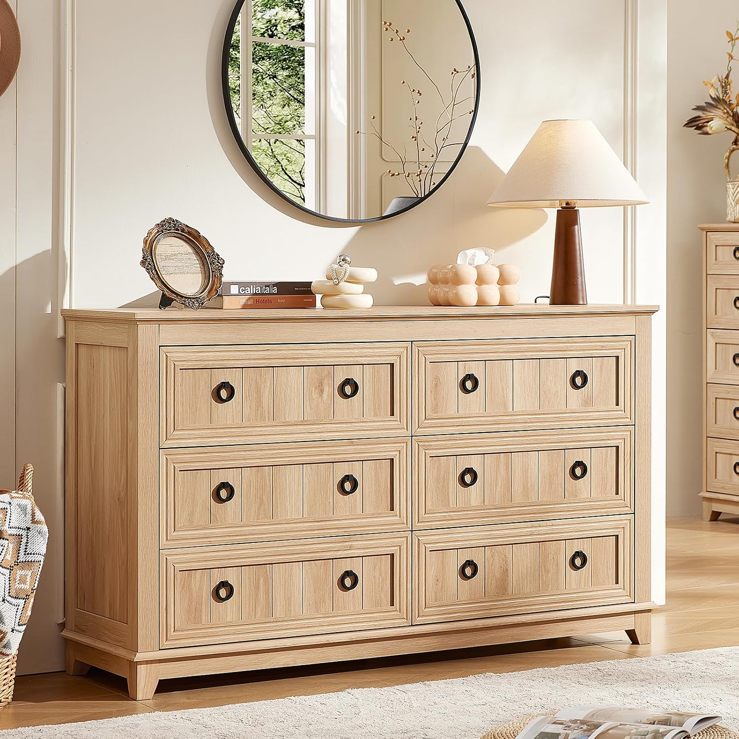 Joaxswe 6 Drawers Dresser for Bedroom, Farmhouse 54 Inch Wide Wood Dresser Chest of Drawers, Vintage Design TV Stand, Rustic Storage Dressers Organizer for Bedroom, Living Room, Hallway - Natural Wood