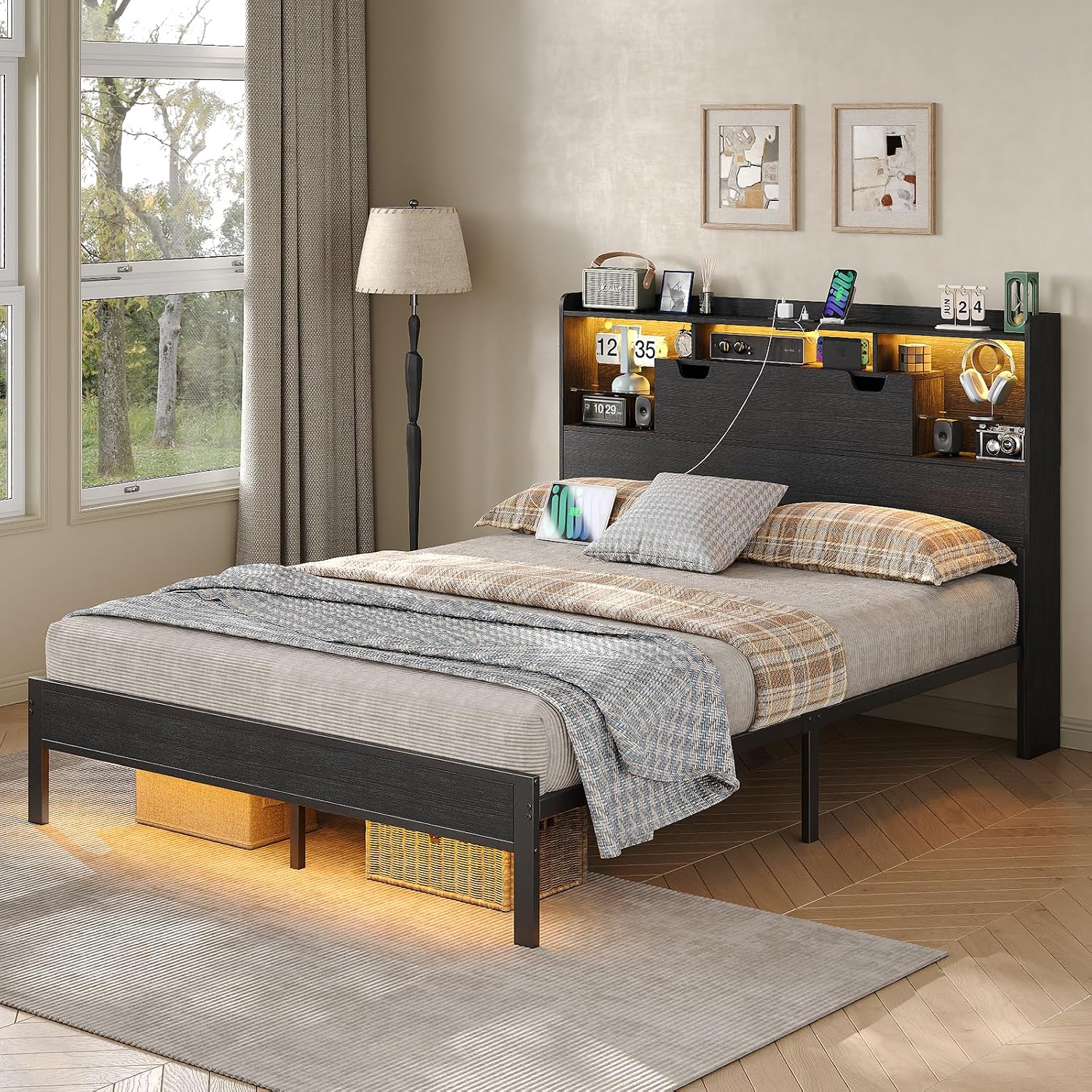 Queen Size Bed Frame with RGB LED Lights & Charging Station, Heavy-Duty Metal Platform Bed with Wood Storage Headboard for Teens & Adults, No Box Spring Needed, Noise-Free, Black
