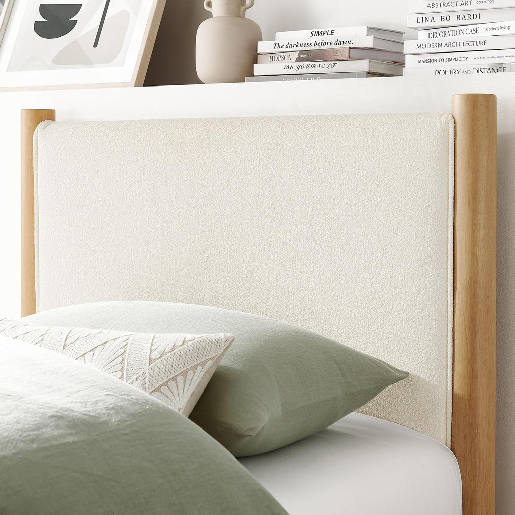 Modway Maven Twin Size Bed Frame in Feather Oak with Upholstered Boucle Headboard and Footboard – Wood Twin Platform Bed Frame – No Box Spring Needed