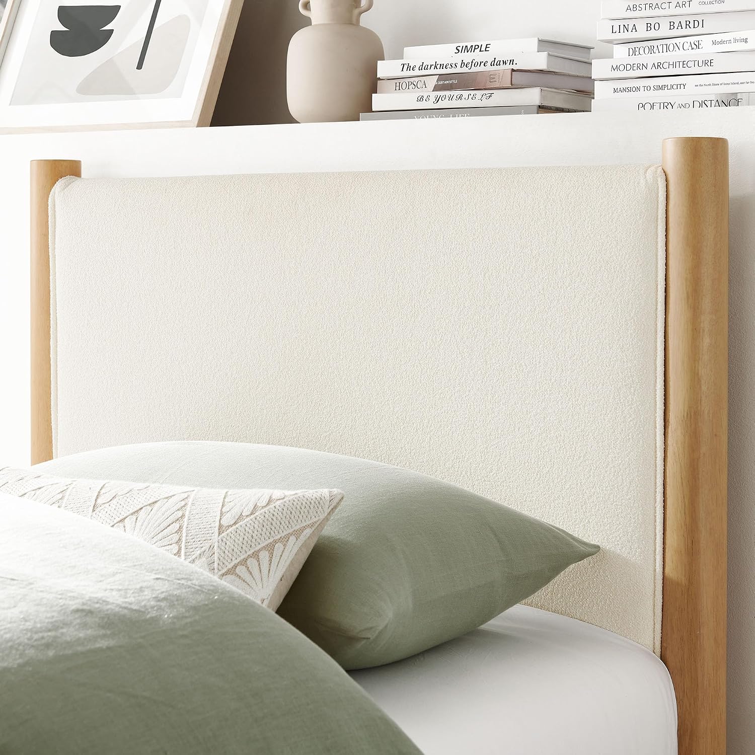 Modway Maven Twin Size Bed Frame in Feather Oak with Upholstered Boucle Headboard and Footboard – Wood Twin Platform Bed Frame – No Box Spring Needed