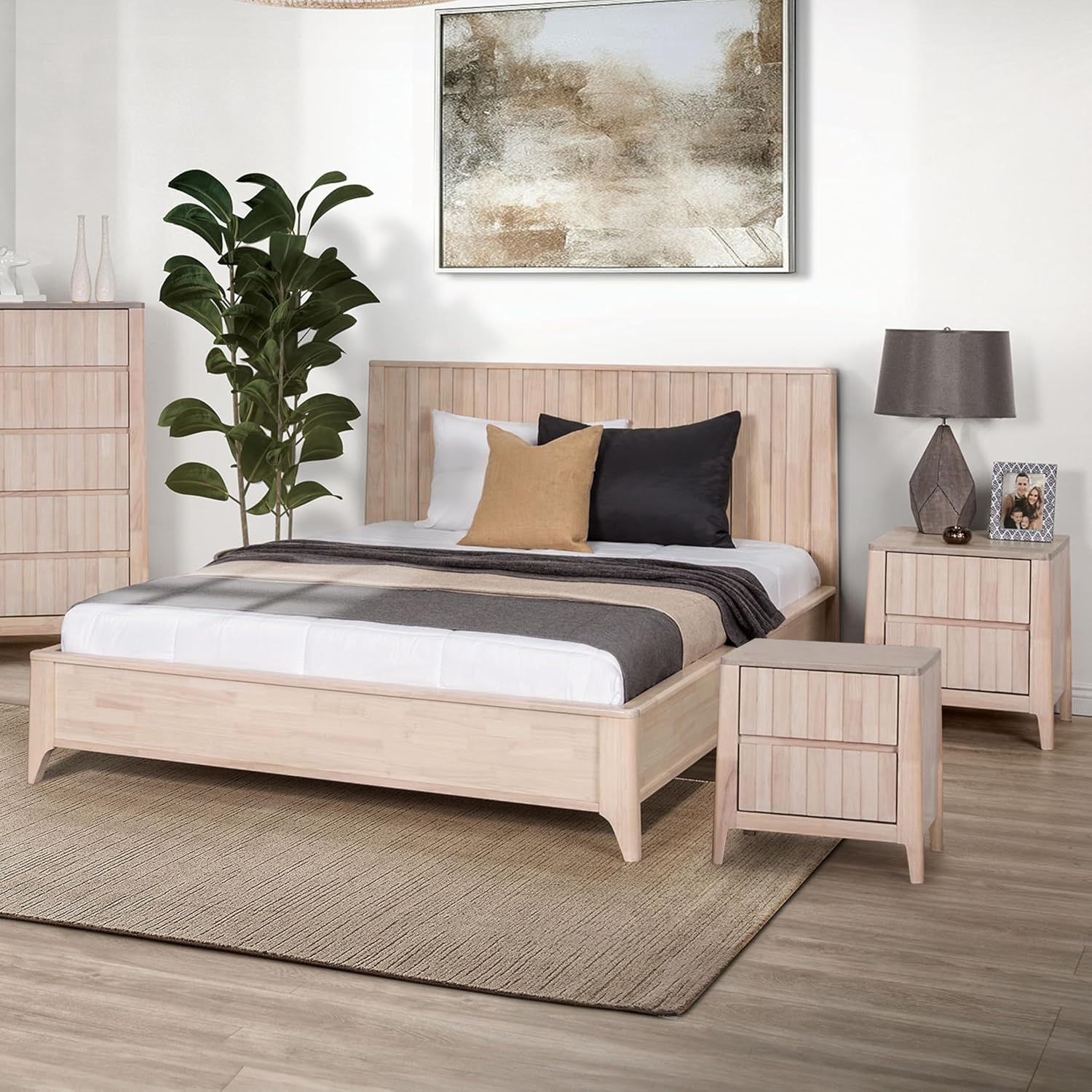Furniture of America Elysia Mid-Century Modern 3-Piece Bedroom Collection with Vertical Fluting Bedframe, 2-Drawer Nightstands Set of 2, No Box Spring Required for Home, Guest Room, Full, White Wash