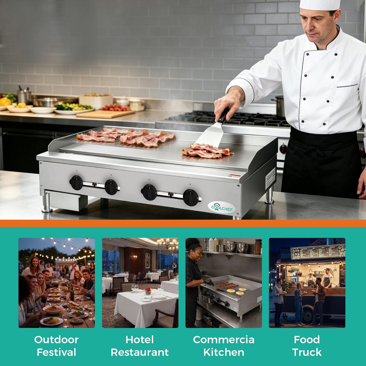 48' Commercial Natural Gas Griddle, Manual Controls, 4 Burners, Heavy Duty Stainless Steel Flat Top Countertop Restaurant Griddle Grill for Restaurant, 120,000 BTU