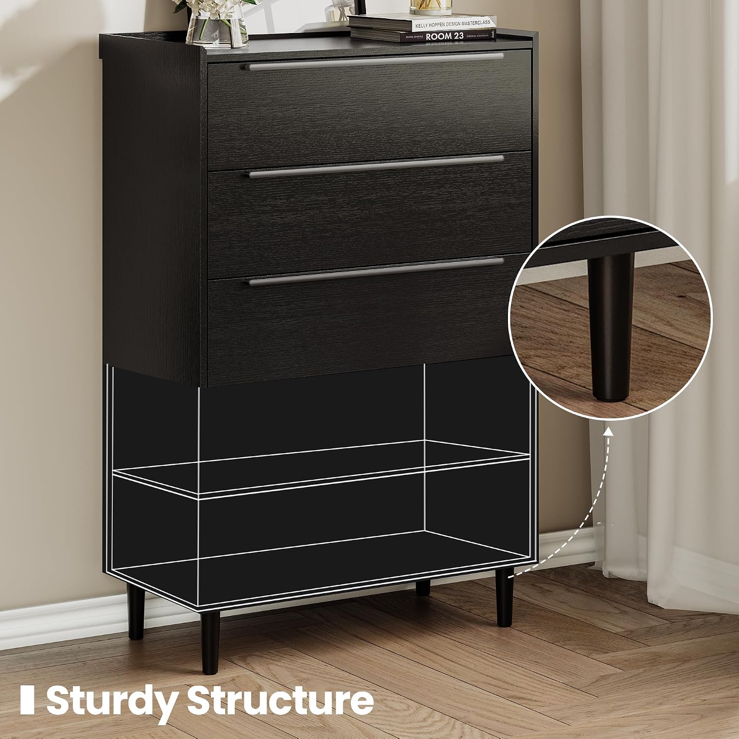 31' W x 48' H Black 5 Drawer Dresser for Bedroom, Modern Tall Chest of Drawers with Raised-Edge Gallery Top, Metal Handles, Tapered Legs, Black Oak