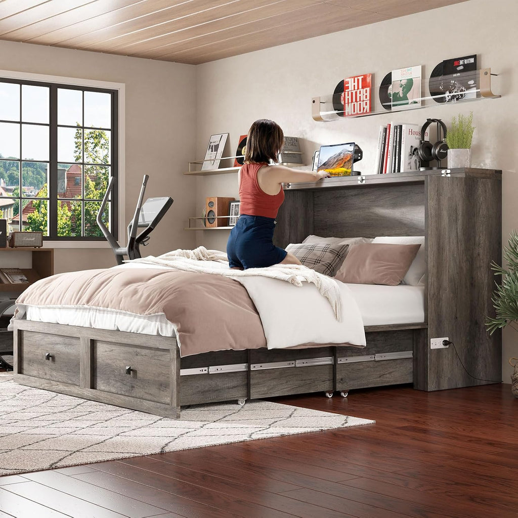 AMERLIFE Queen Murphy Bed with Storage & Charging Station, Farmhouse Murphy Cabinet with Foldable Panel, Noisy Free, for Living Room, Guest Bedroom, Office, Rustic Grey