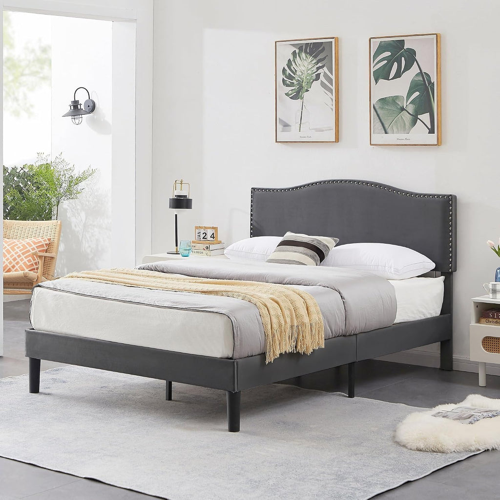 VECELO Full Bed Frame Platform Bed Frame with Upholstered Headboard, Strong Frame and Wooden Slats Support, Strong Weight Capacity, Non-Slip and Noise-Free, Easy Assembly,Dark Grey