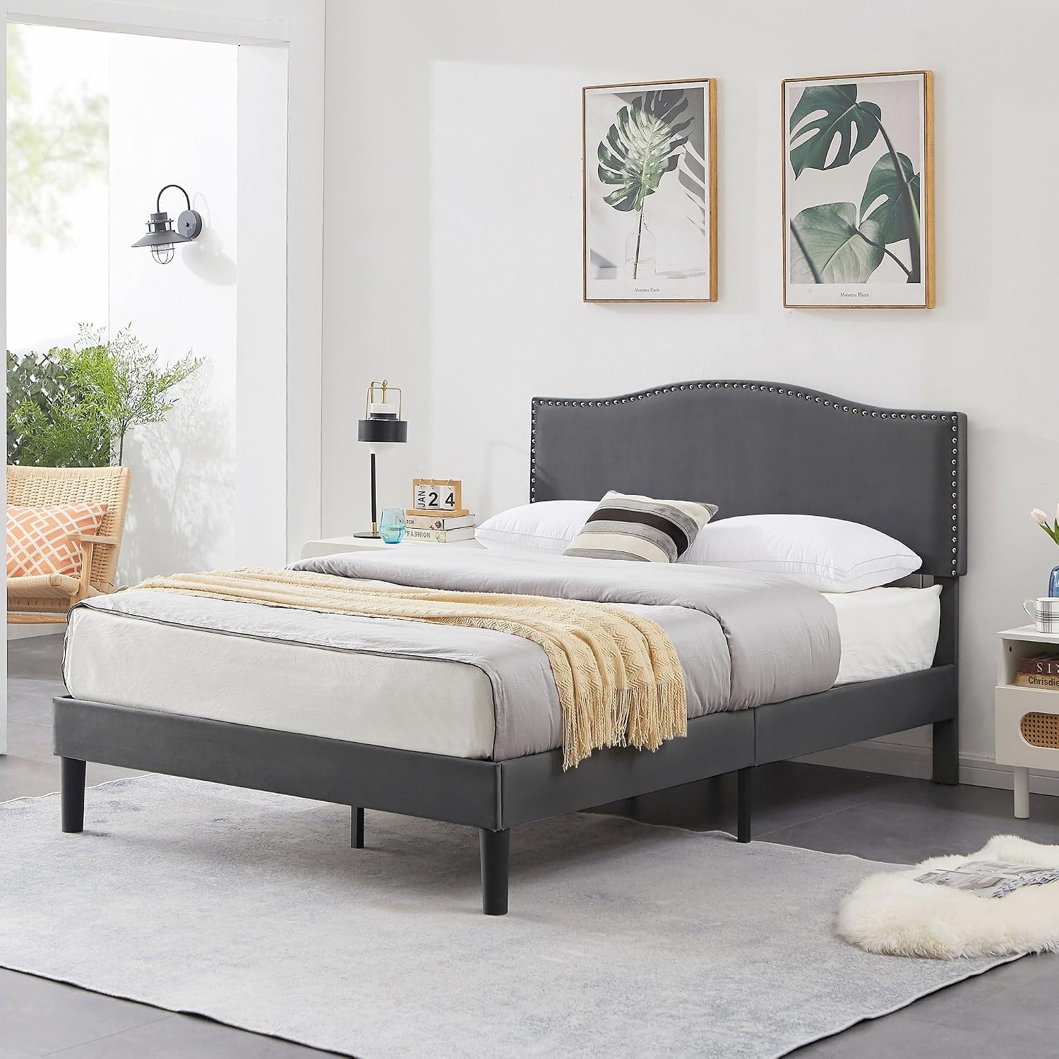 VECELO Full Bed Frame Platform Bed Frame with Upholstered Headboard, Strong Frame and Wooden Slats Support, Strong Weight Capacity, Non-Slip and Noise-Free, Easy Assembly,Dark Grey
