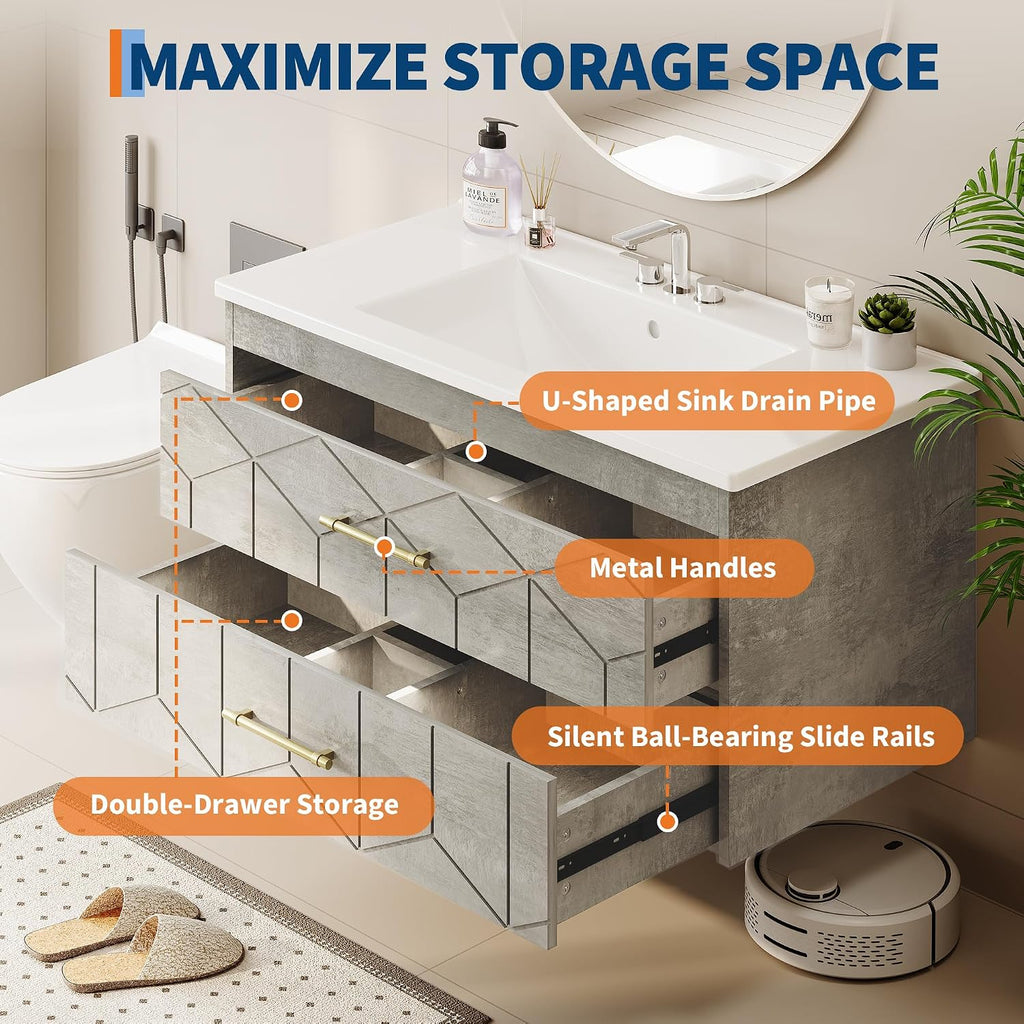 Garvee 36' Bathroom Vanity with Sink, Floating Bathroom Vanity with Ceramic Basin, 2 Large Storage Drawers with Gold Metal Handle, Modern Wall Mounted Bathroom Cabinet with Sink, Grey