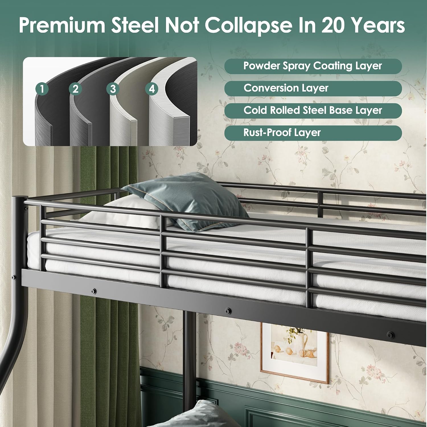 Bunk Beds Twin XL Over Queen, Heavy Duty Bunk Beds with Bottom Space & Guardrail Metal Bunk Bed Frame for Adults Teens Dorm Bedroom Guest Room, No Box Spring Needed（Black）