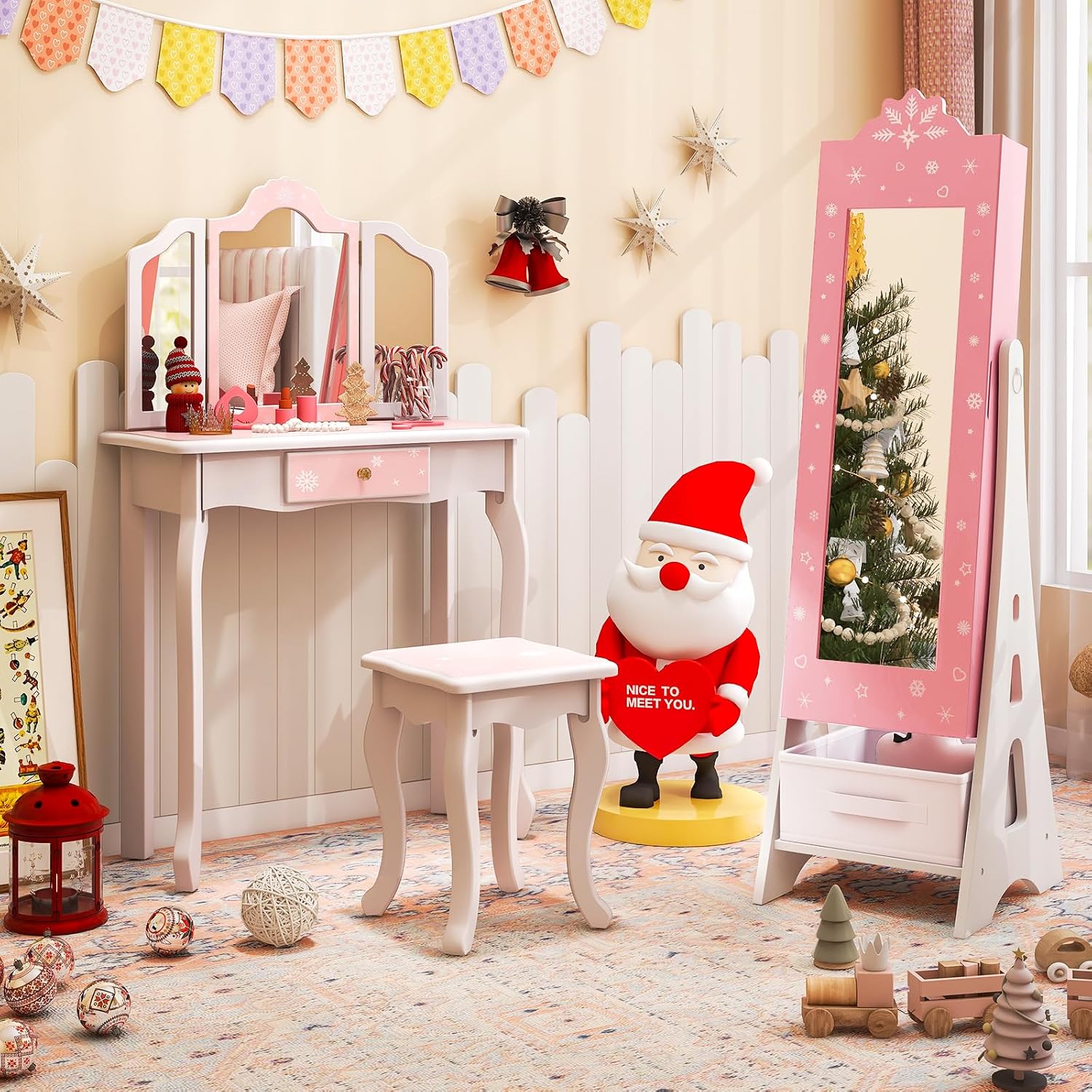 Costzon Kids Vanity & Jewelry Armoire Cabinet, Kids Vanity Table and Chair Set, Standing Jewelry Organizer with Full-Length Mirror, Kids Bedroom Furniture Set for Girls, Snowflake Print (Pink)