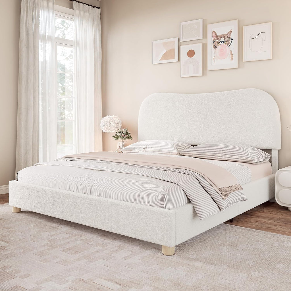 AMERLIFE King Size Upholstered Boucle Bed Frame, Soft Cloud Platform Bed with Adjustable Headboard, Modern Design, Rounded Corners, Rubberwood Legs, No Box Spring Needed, Easy Assembly, Cream