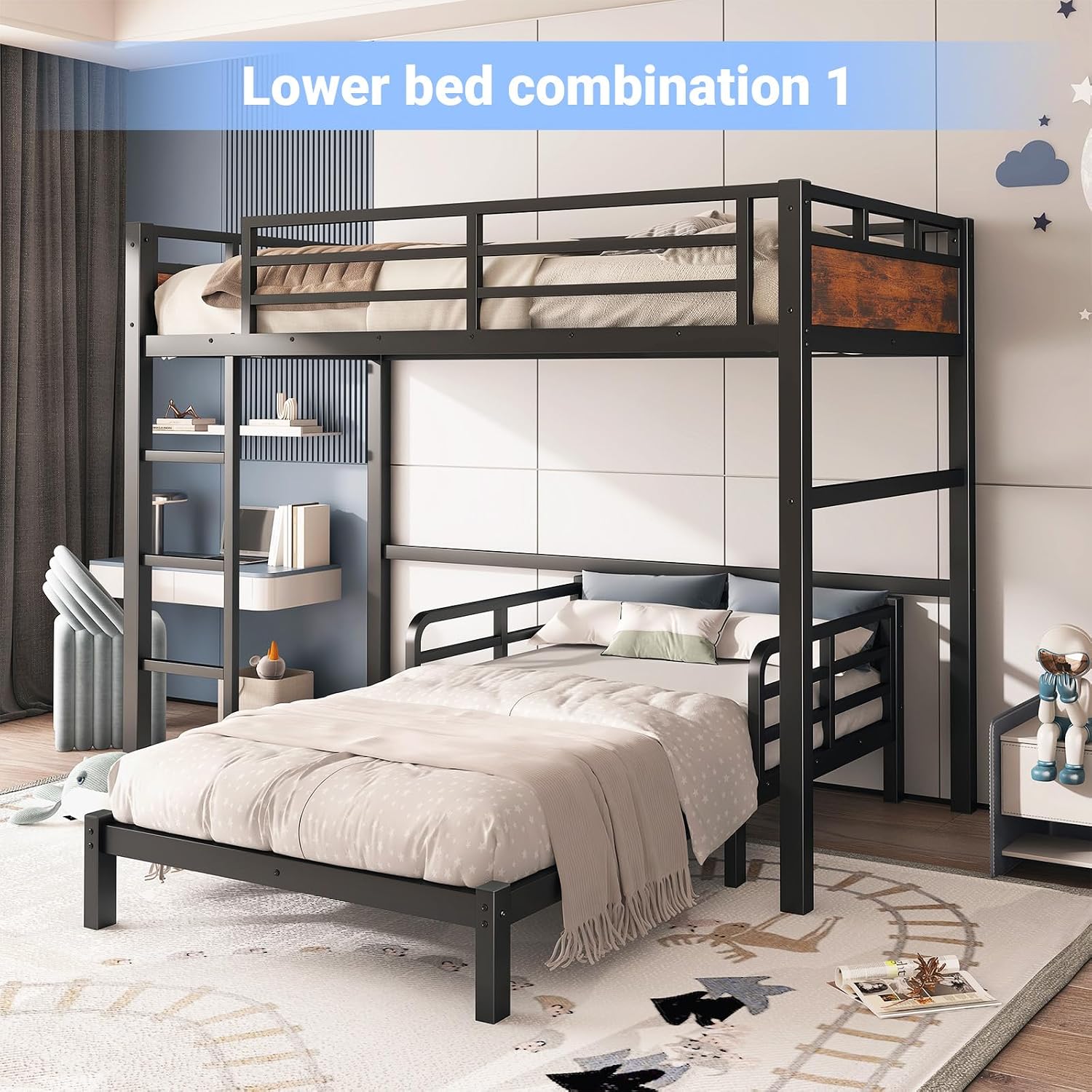 Twin XL Over Twin XL Bunk Bed, Convertible Metal Bunk Beds Can Separate into Loft Bed and Platform Bed, Heavy Duty Noise-Free Bed Frame with Safety Rails for Adults Teens Kids, Black