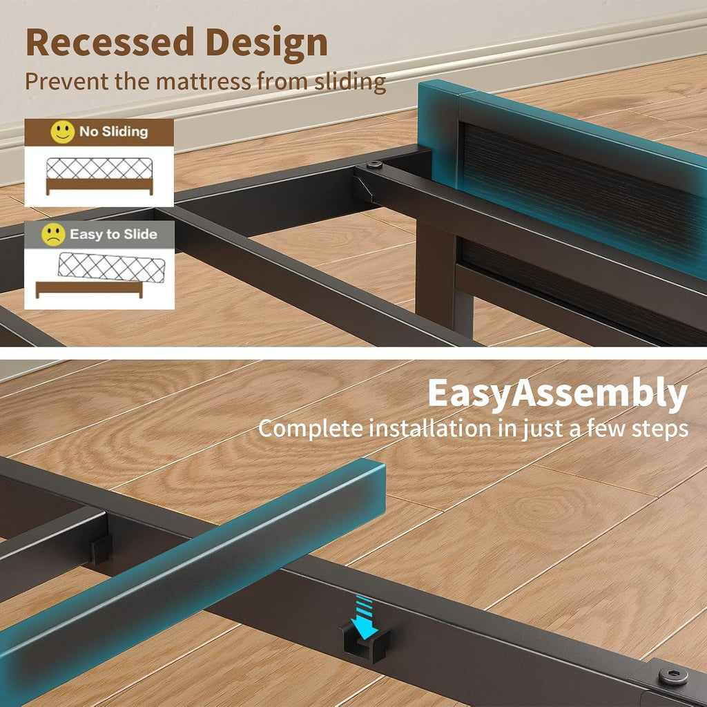 Queen Size Bed Frame with RGB LED Lights & Charging Station, Heavy-Duty Metal Platform Bed with Wood Storage Headboard for Teens & Adults, No Box Spring Needed, Noise-Free, Black