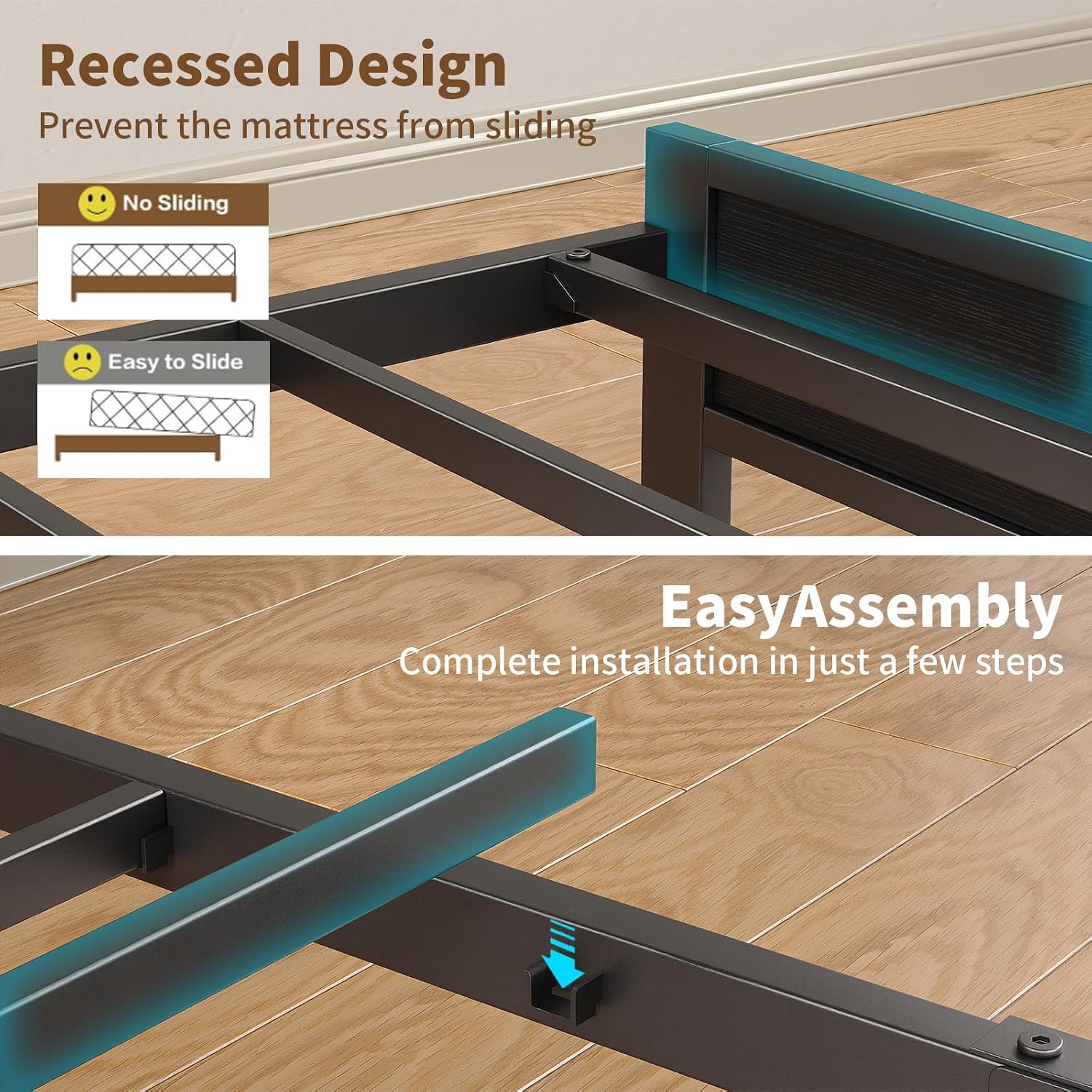 Queen Size Bed Frame with RGB LED Lights & Charging Station, Heavy-Duty Metal Platform Bed with Wood Storage Headboard for Teens & Adults, No Box Spring Needed, Noise-Free, Black