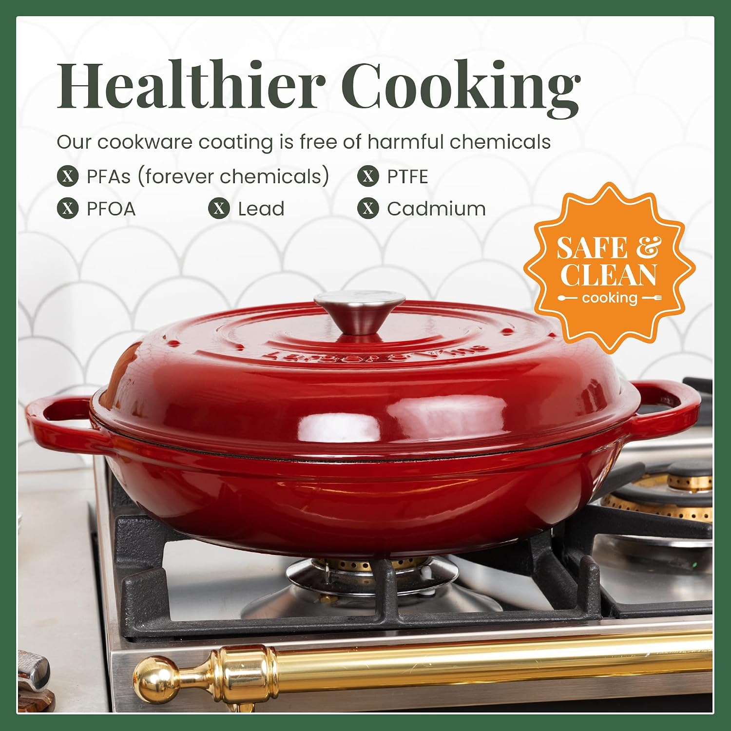 Larder & Vine Enameled Cast Iron Braiser | 3.6 qt Braiser Pan with Lid | Shallow Dutch Oven Compatible on All Cooktops | Casserole Dish Oven Safe to 500° F | Dual Handles | Cabernet