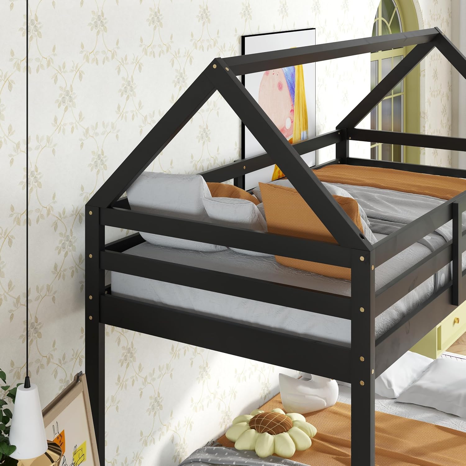 Bellemave Twin Over Twin Bunk Bed, Wooden House Bunk Bed with Ladder and Guardrail for Bedroom, Dormitory, Floor Bunk Beds with Headboard and Footboard for Kids, Teens, No Box Spring Needed, Black