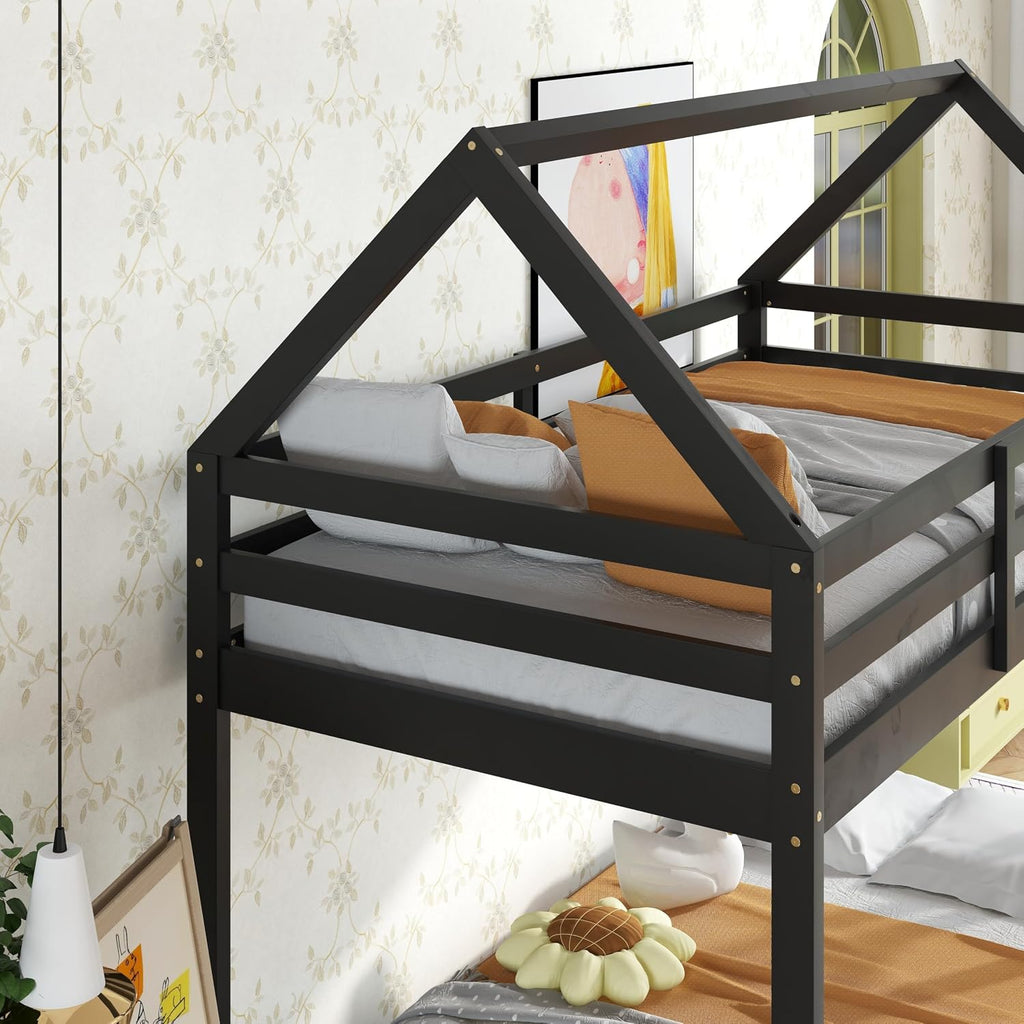 Bellemave Twin Over Twin Bunk Bed, Wooden House Bunk Bed with Ladder and Guardrail for Bedroom, Dormitory, Floor Bunk Beds with Headboard and Footboard for Kids, Teens, No Box Spring Needed, Black
