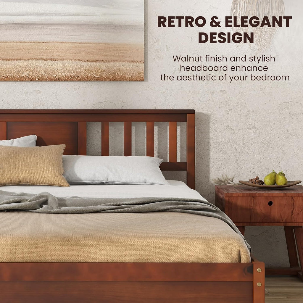 Giantex Queen Size Solid Wood Platform Bed Frame, Mid Century Queen Bed Frame with Headboard, Wood Slat Support, Panel Bed, No Box Spring Needed, Easy Assembly, Walnut