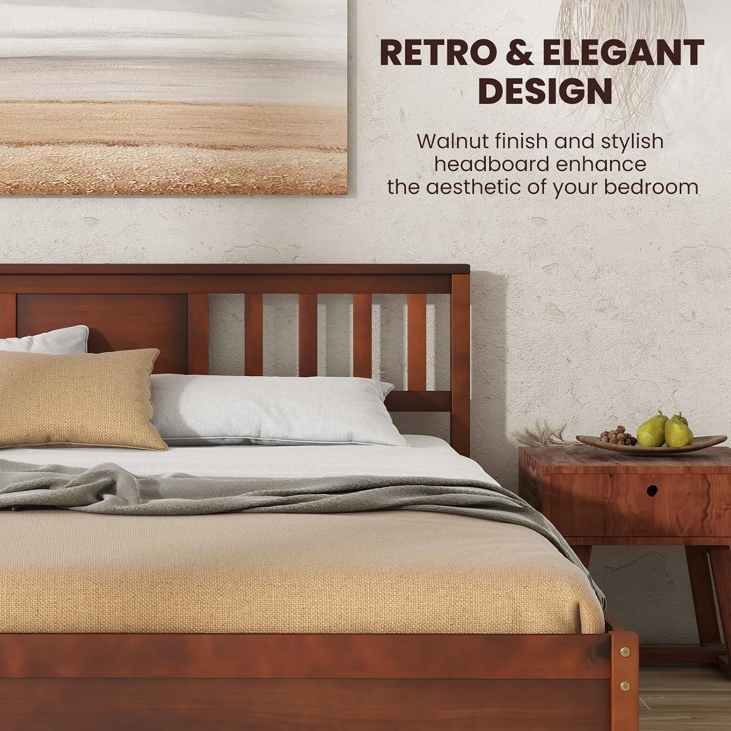 Giantex Queen Size Solid Wood Platform Bed Frame, Mid Century Queen Bed Frame with Headboard, Wood Slat Support, Panel Bed, No Box Spring Needed, Easy Assembly, Walnut
