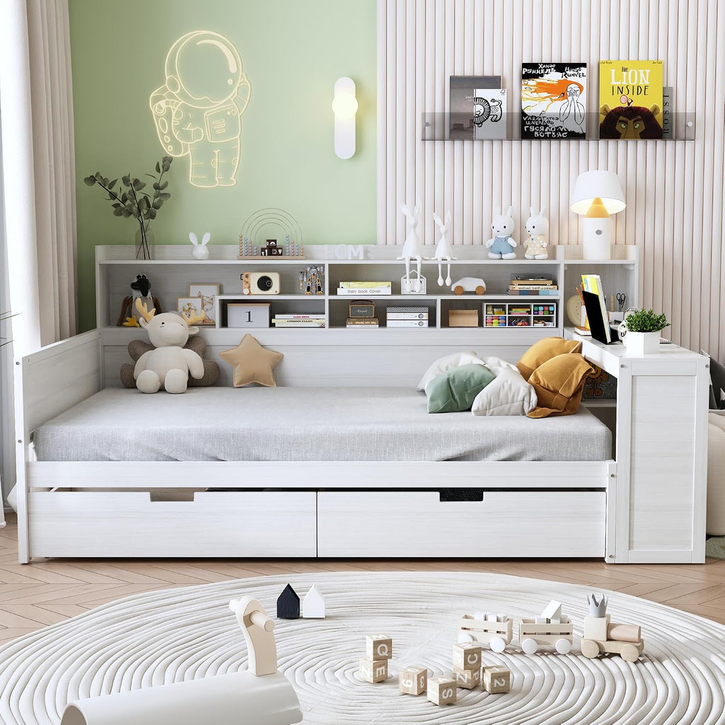 Full Size Daybed with Desk,Storage Drawers and Shelves, Pine Wood Captains Bed Frame with Bookcase and Headboard for Kids Boys Girls Teens, Antique White