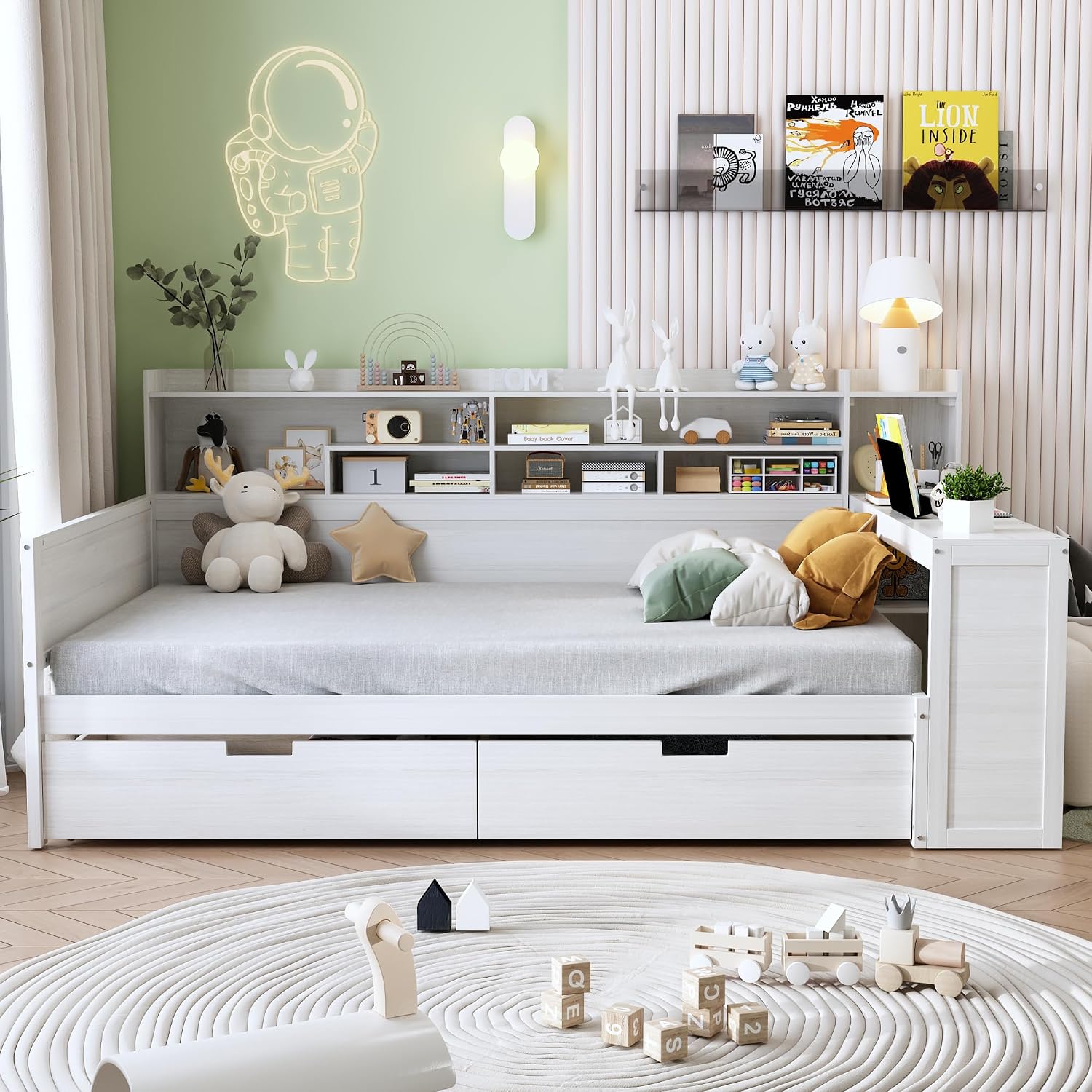 Full Size Daybed with Desk,Storage Drawers and Shelves, Pine Wood Captains Bed Frame with Bookcase and Headboard for Kids Boys Girls Teens, Antique White