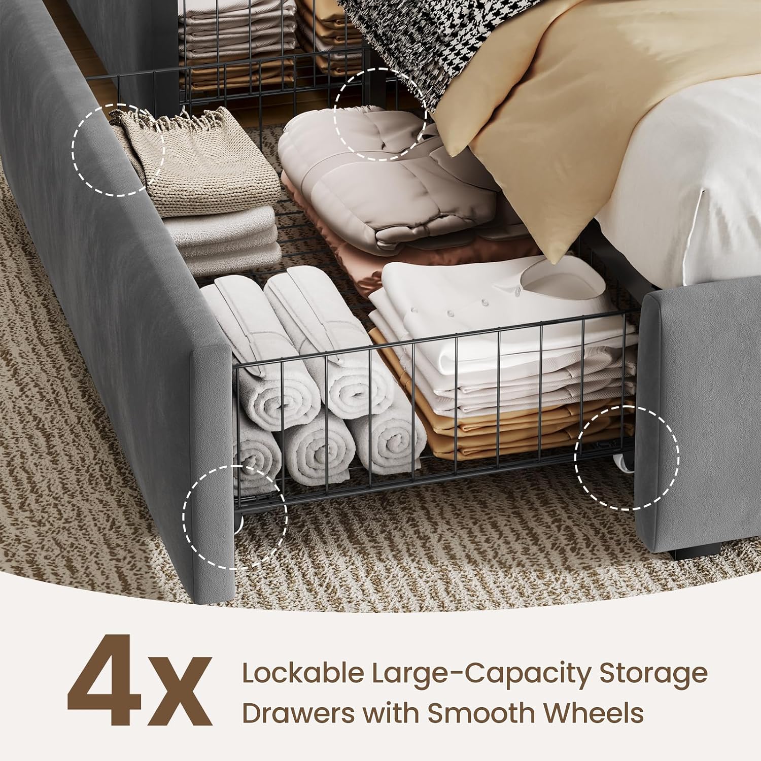 CypBed Full Size Bed Frame with 4 Storage Drawers & LED Lights, Velvet Upholstered Platform Bed Frame with Charing Station and Adjustable Headboard, Wood Slats Support, No Box Spring Needed, Grey