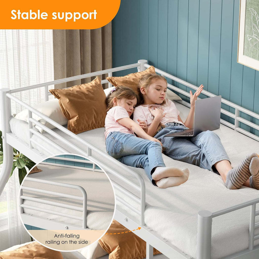 Bunk Beds Twin Over Full Size, Heavy Duty Bunk Beds with Bottom Space & Guardrail Metal Bunk Bed Frame for Adults - Dorm Bedroom Guest Room, No Box Spring Needed（Upgrate White）