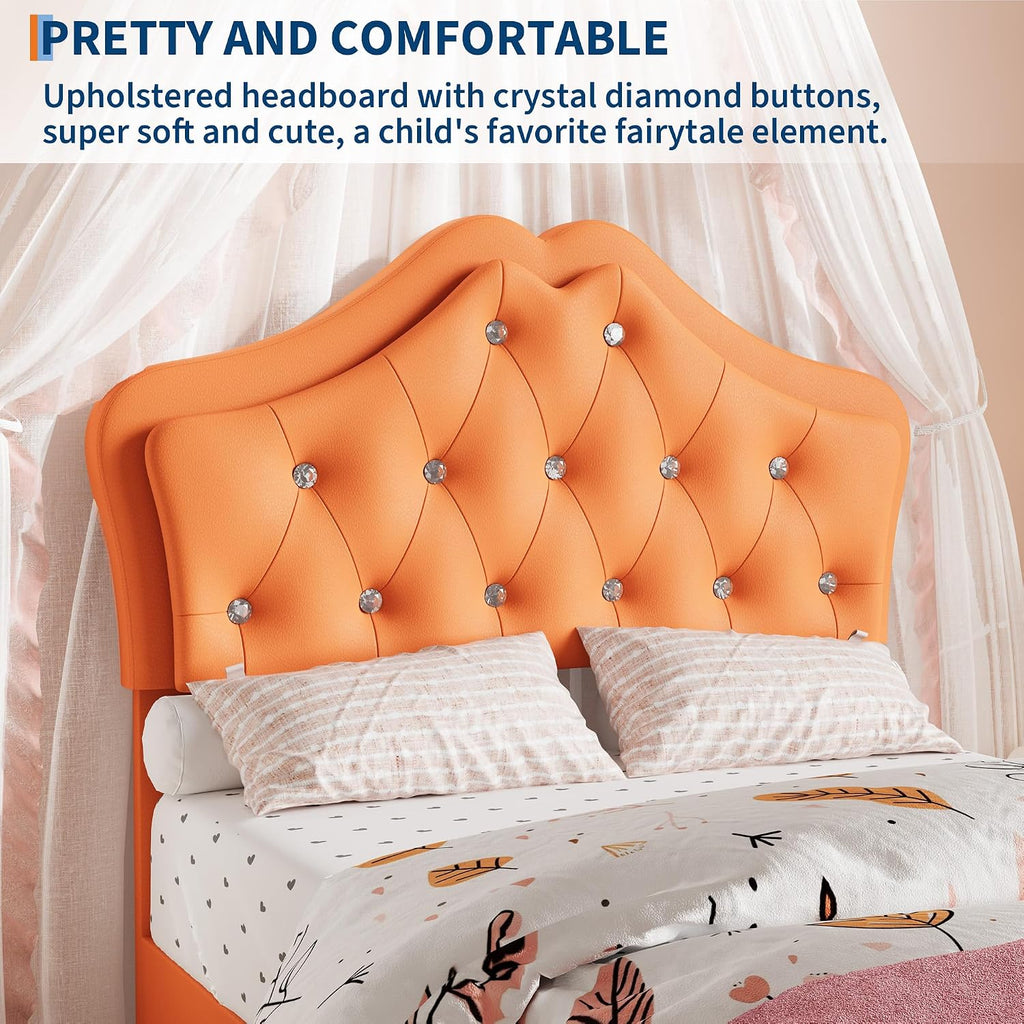 Garvee Twin Size Bed Frame with LED Lights & Velvet Crystal Button Headboard, Upholstered Boy/Girl Platform Bed with Storage Drawer, Noise Free, No Box Spring Needed for Kids, Teens, Orange