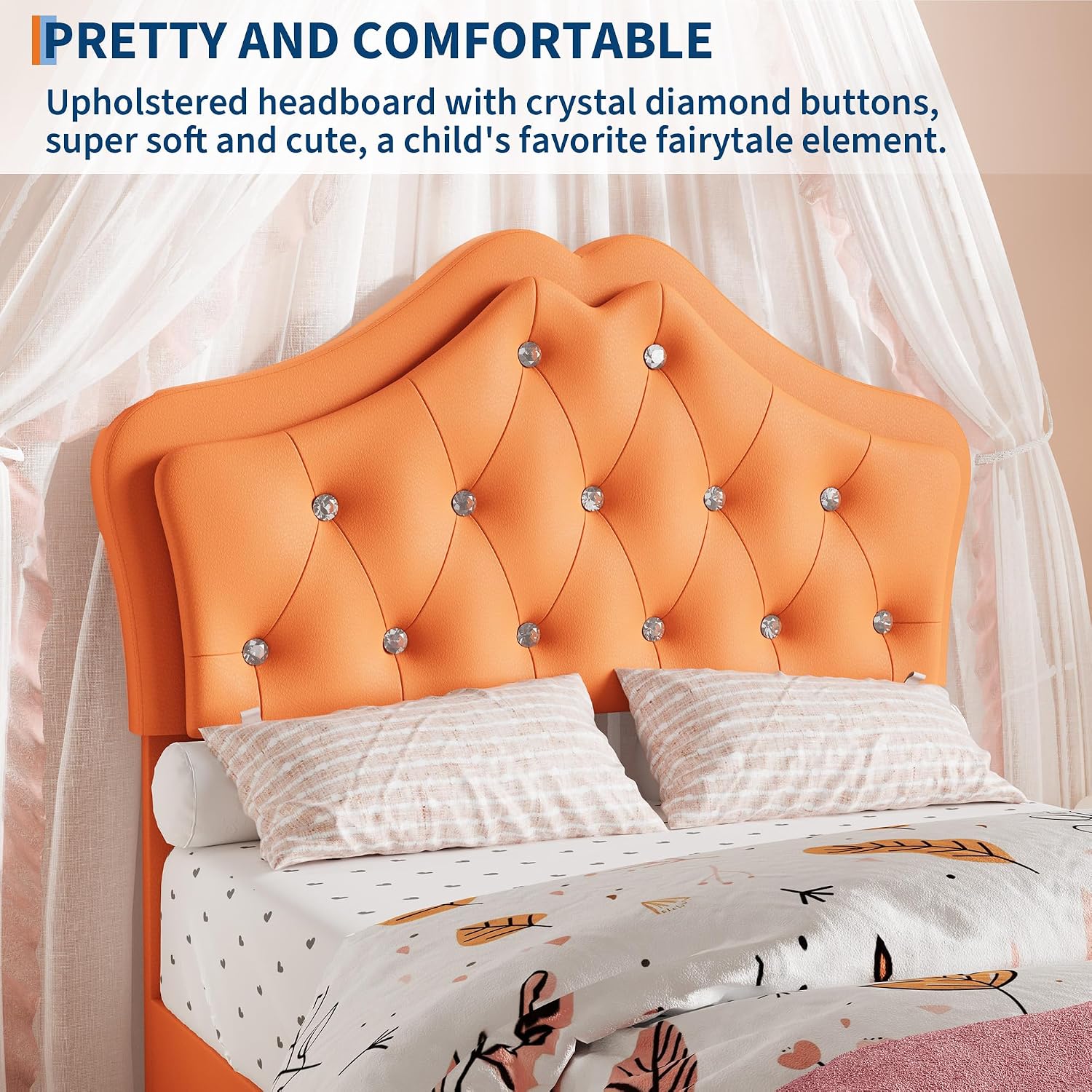Garvee Twin Size Bed Frame with LED Lights & Velvet Crystal Button Headboard, Upholstered Boy/Girl Platform Bed with Storage Drawer, Noise Free, No Box Spring Needed for Kids, Teens, Orange