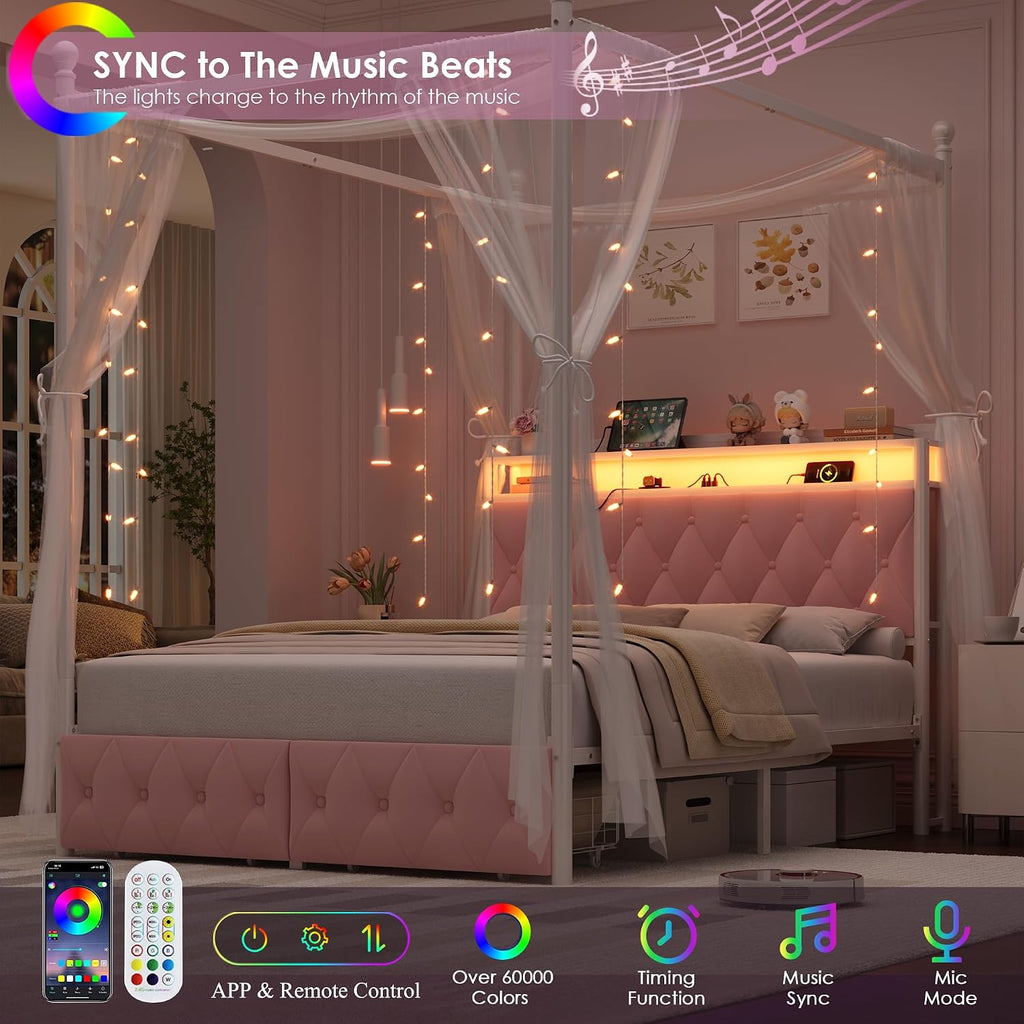HIFIT Full Size Upholstered LED Canopy Bed Frame with Storage and Charging Station, Button Tufted Storage Headboard with Bookshelf, Two-Use Metal Platform Bed with 4 Removable Posts & 2 Drawers, Pink