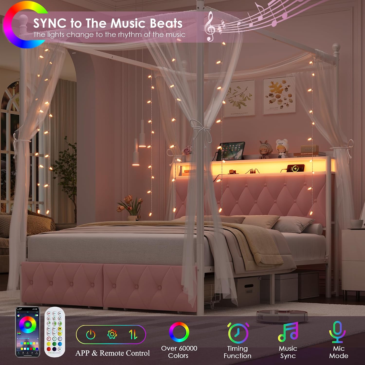 HIFIT Full Size Upholstered LED Canopy Bed Frame with Storage and Charging Station, Button Tufted Storage Headboard with Bookshelf, Two-Use Metal Platform Bed with 4 Removable Posts & 2 Drawers, Pink