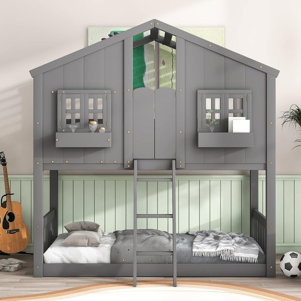 Polibi House Bunk Bed, Twin Over Twin with Roof, Window & Door, 2 Small Window Box Shelves,Safety Guardrails & Ladder, Low-Height Kids Playhouse Bed,Grey