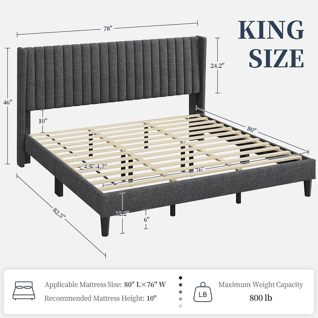 Yaheetech King Bed Frame Upholstered Platform Bed with Fabric Headboard, Wing Edge Design/Non-Slip and Noise-Free/Wooden Slats Support/No Box Spring Needed/Easy Assembly, Dark Gray King Bed