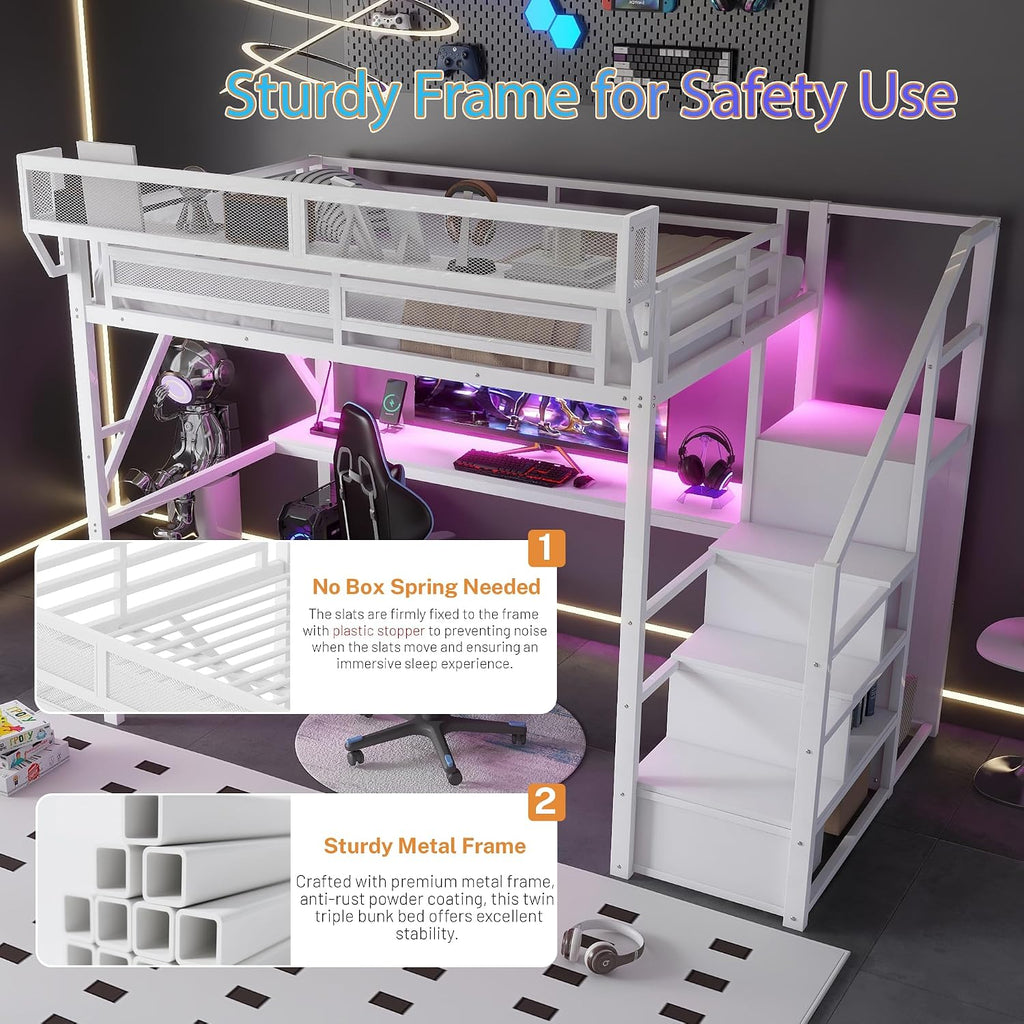 Metal Loft Bed with Desk and RGB LED Lights, Full Size Loft Bed with Stairs and Charging Station,Kids Loft Beds with Storage Shelves for Upper and Wardrobe,Loft Beds Frame for Kids Teens, White