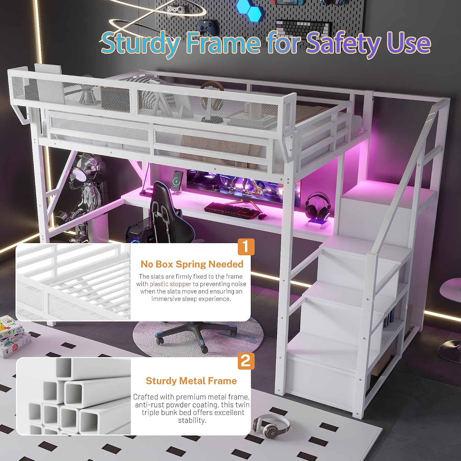 Metal Loft Bed with Desk and RGB LED Lights, Full Size Loft Bed with Stairs and Charging Station,Kids Loft Beds with Storage Shelves for Upper and Wardrobe,Loft Beds Frame for Kids Teens, White